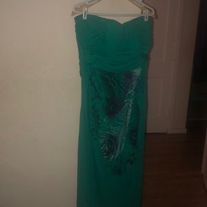 Strapless stunner with Peacock feather detail!
